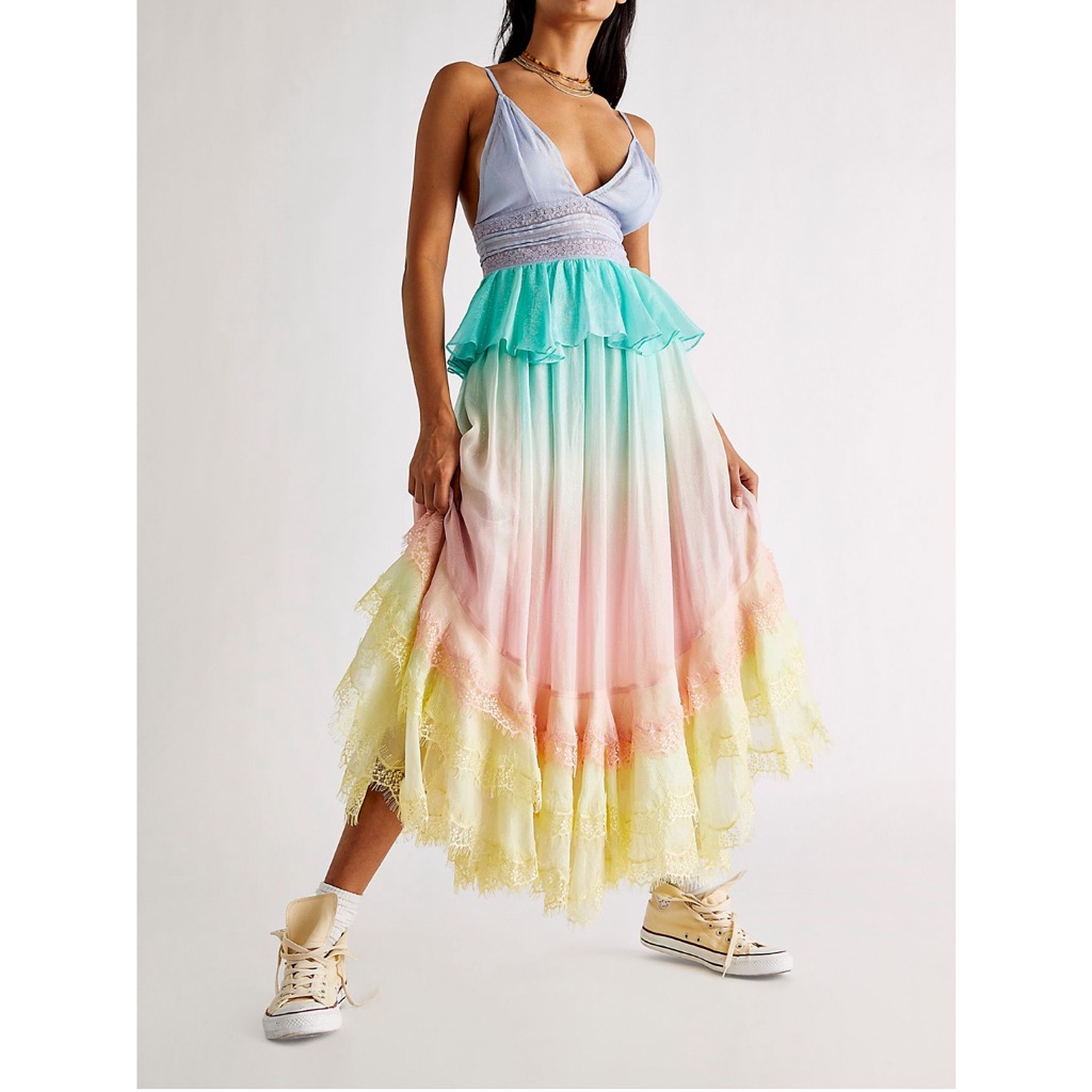 Free People Rococo Sand Emi Long Metallic Ombre Lace Trim Peplum Dress